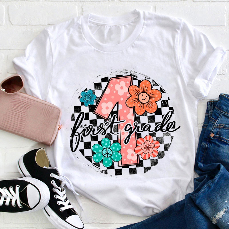 Personalized Your Grade Checkerboard Flowers Teacher T-Shirt