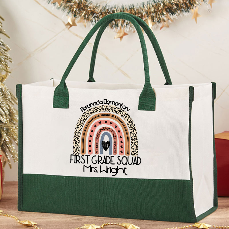 Personalized Grade Name And School Name Leopard Rainbow Teacher Cotton Tote Bag