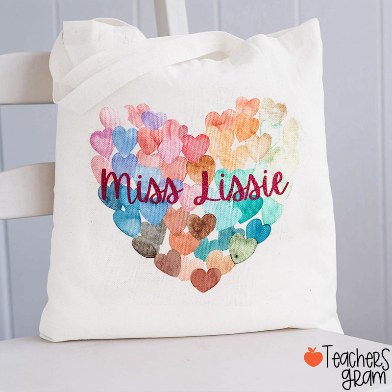 Personalized Name Watercolor Hearts Teacher Tote Bag