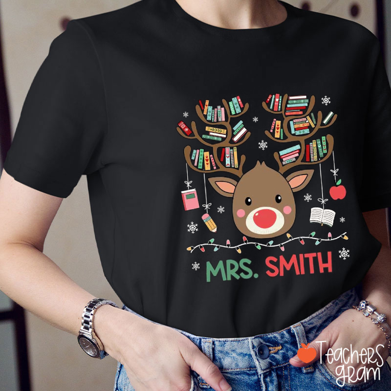 Personalized Name Reindeer Book Teacher T-Shirt