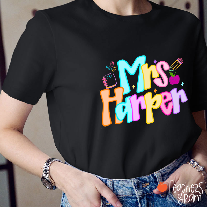 Personalized Name Fluorescent Pencil Notebook Apple Teacher T-Shirt