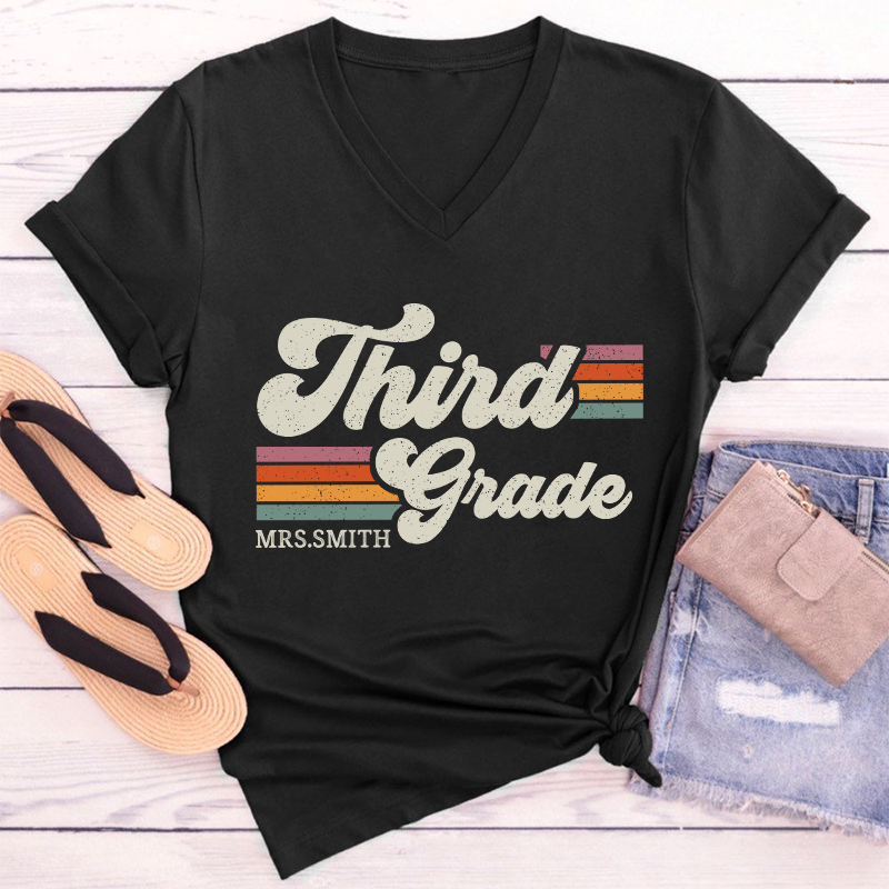 Personalized Grade And Name Retro Horizontal Stripes Teacher Female V-Neck T-Shirt