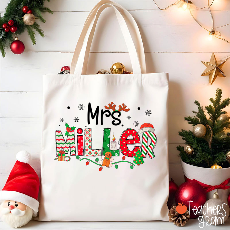 Personalized Teacher Name Christmas Teacher Tote Bag
