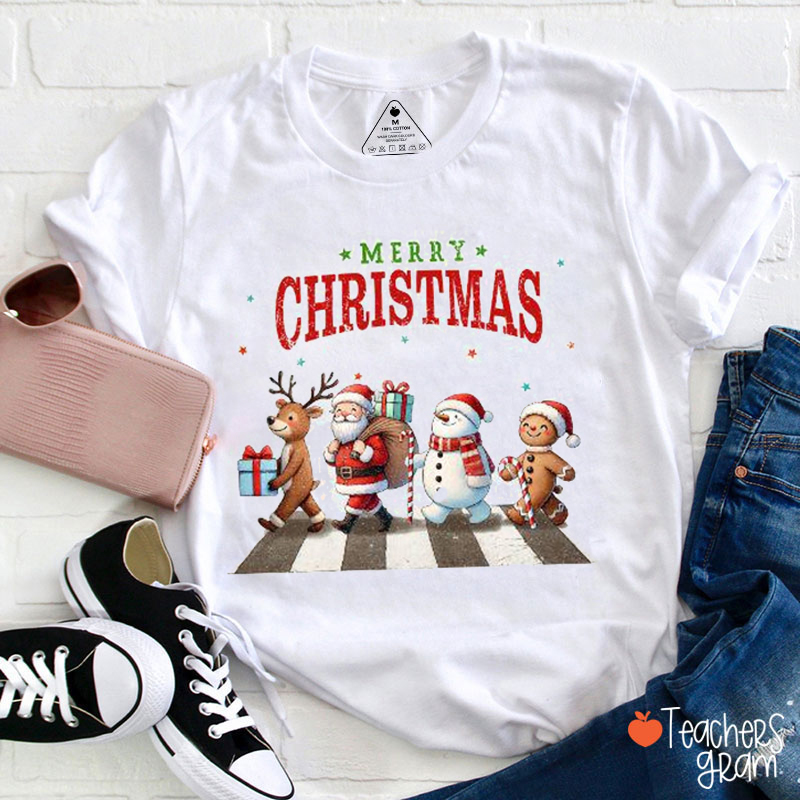 Merry Christmas Xmas Walking Across Teacher T-Shirt