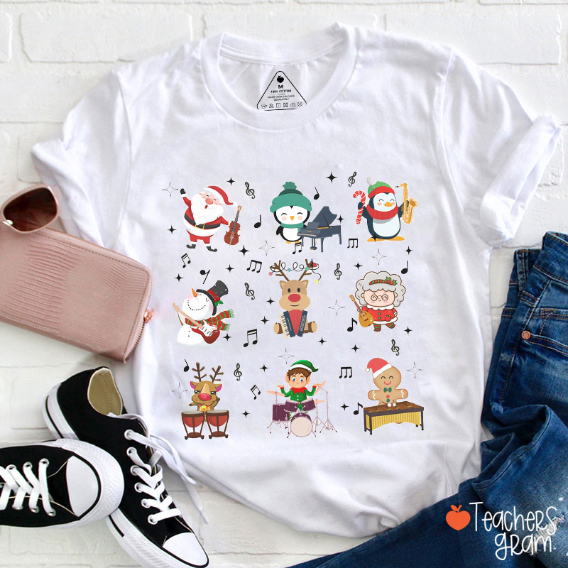 Cute Christmas Cartoons Playing Musical Instruments TeacherT-Shirt