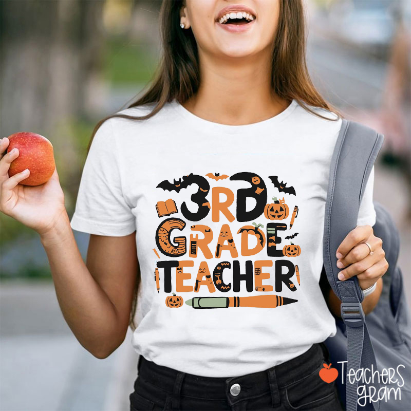 Personalized Grade Pumpkin Halloween Teacher T-Shirt