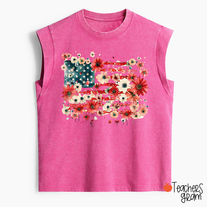 American Flag Floral Teacher Washed Tank Top