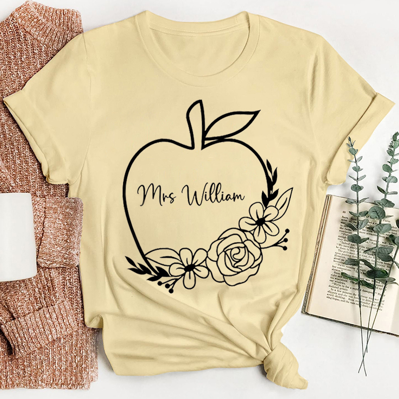 Personalized Name Apple Flower Print Teacher T-Shirt