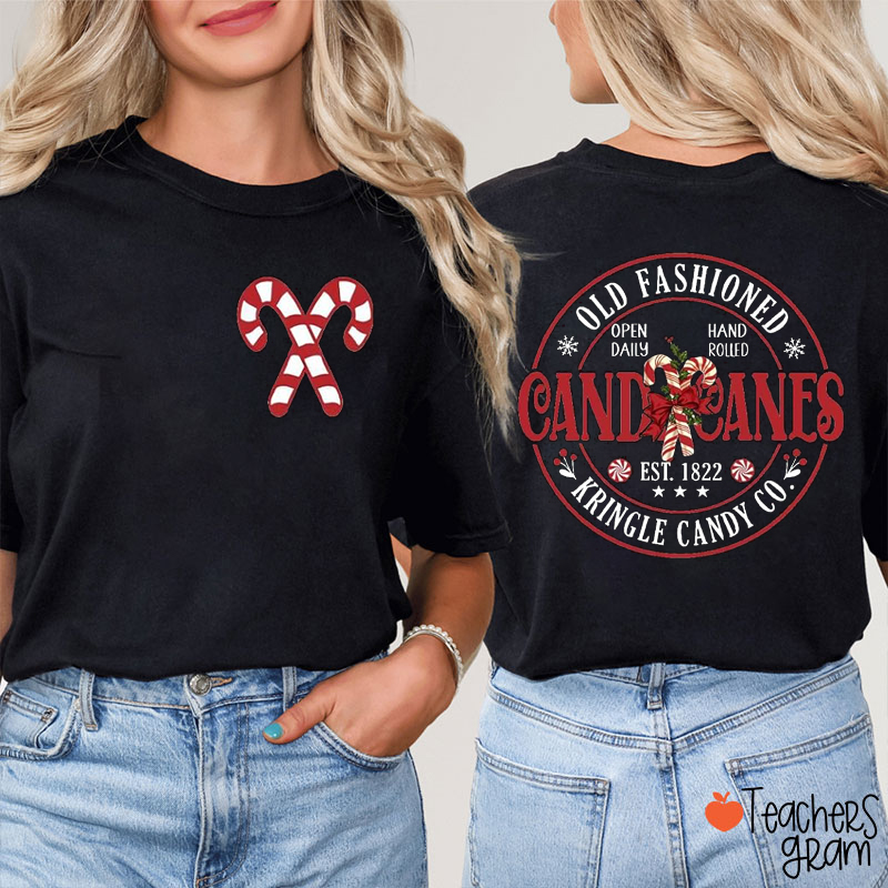 Old Fashioned Kringle Candy Co Candy Cane Teacher Two Sided T-Shirt