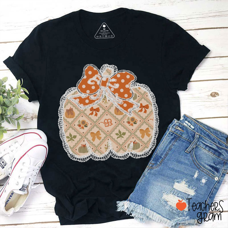Pumpkin Lace Bow Orange Teacher T-Shirt
