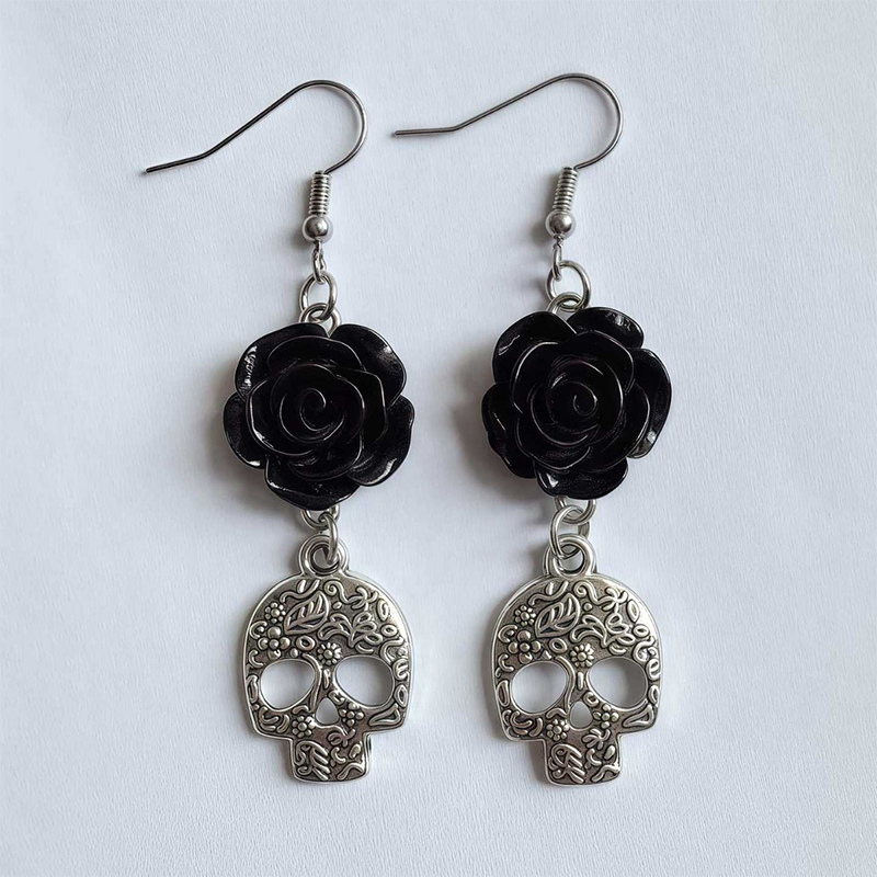 Black Rose Silver Skull Teacher Metal Earrings