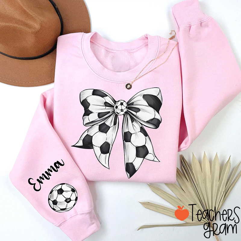 Personalized Name Soccer Bow Coquette Game Day Teacher Sleeve Print Sweatshirt