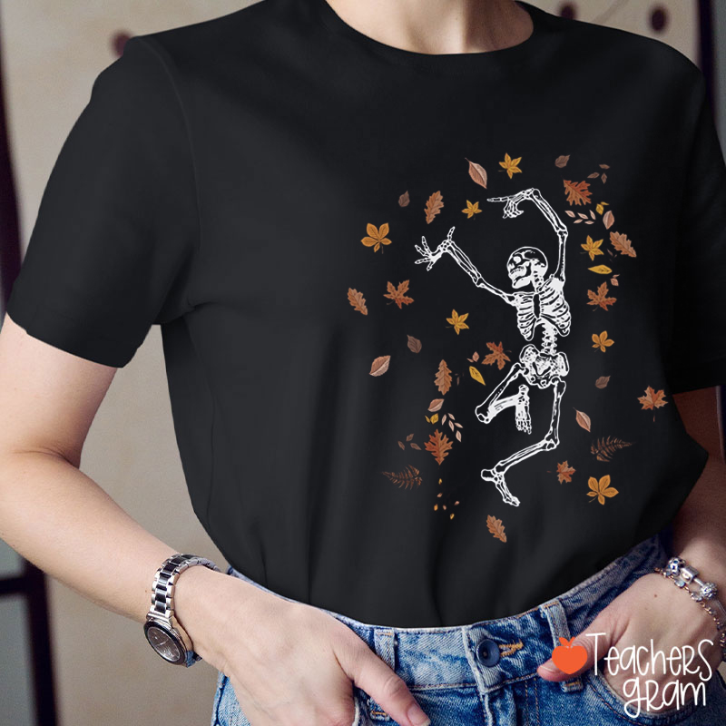 Fallen Leaves Dancing Skeleton Halloween Teacher T-Shirt