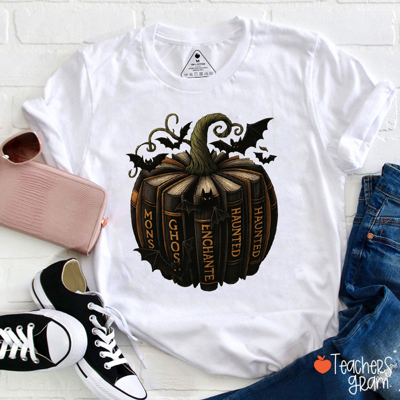 Spooky Ghost Monster Haunted Book Pumpkin Teacher T-Shirt