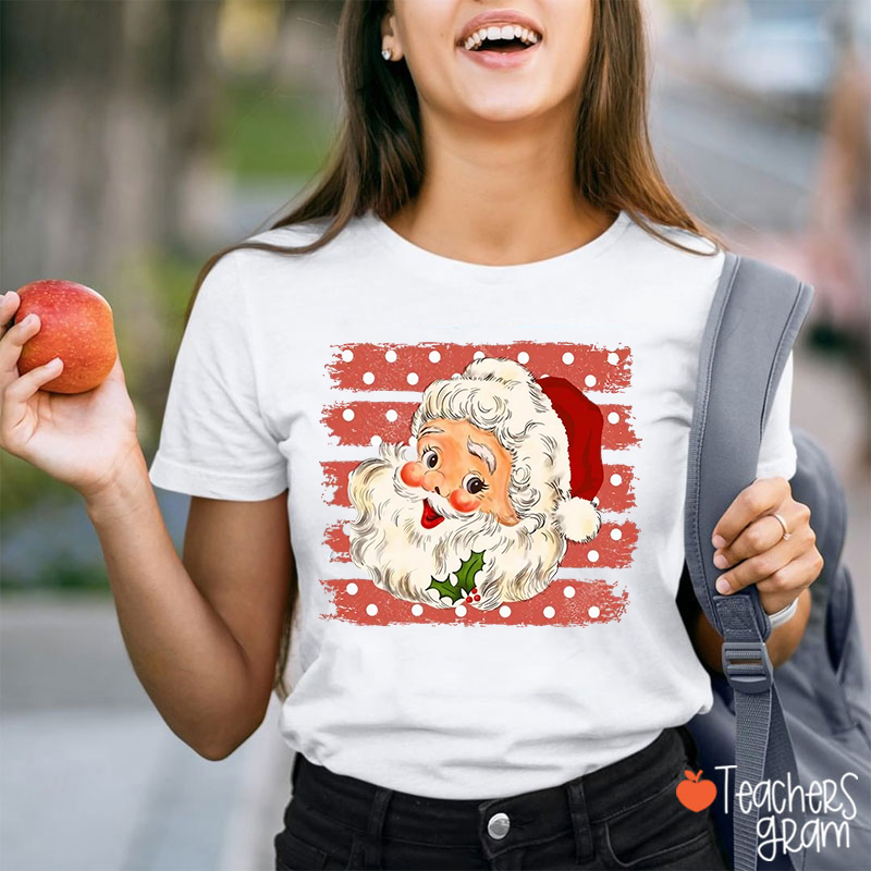 Vintage Santa Claus With Polka Dot Stripes Teacher T-Shirt