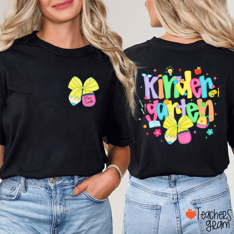 Personalized Name And Grade Pencil Bow Candy Color Fonts Teacher Two Sided T-Shirt