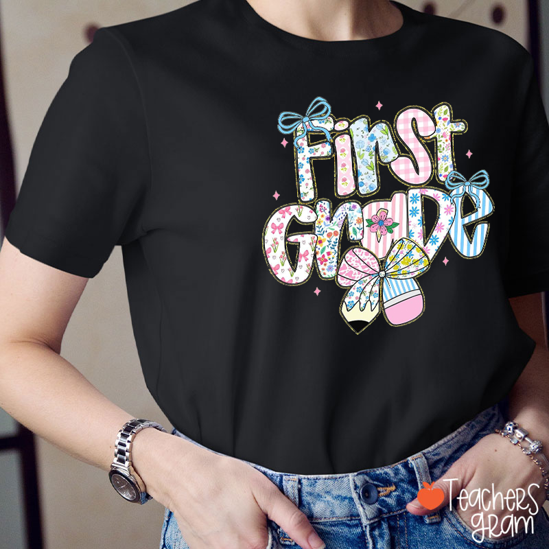 Personalized Grade Name Pencil Bow Floral Check Star Teacher T-Shirt
