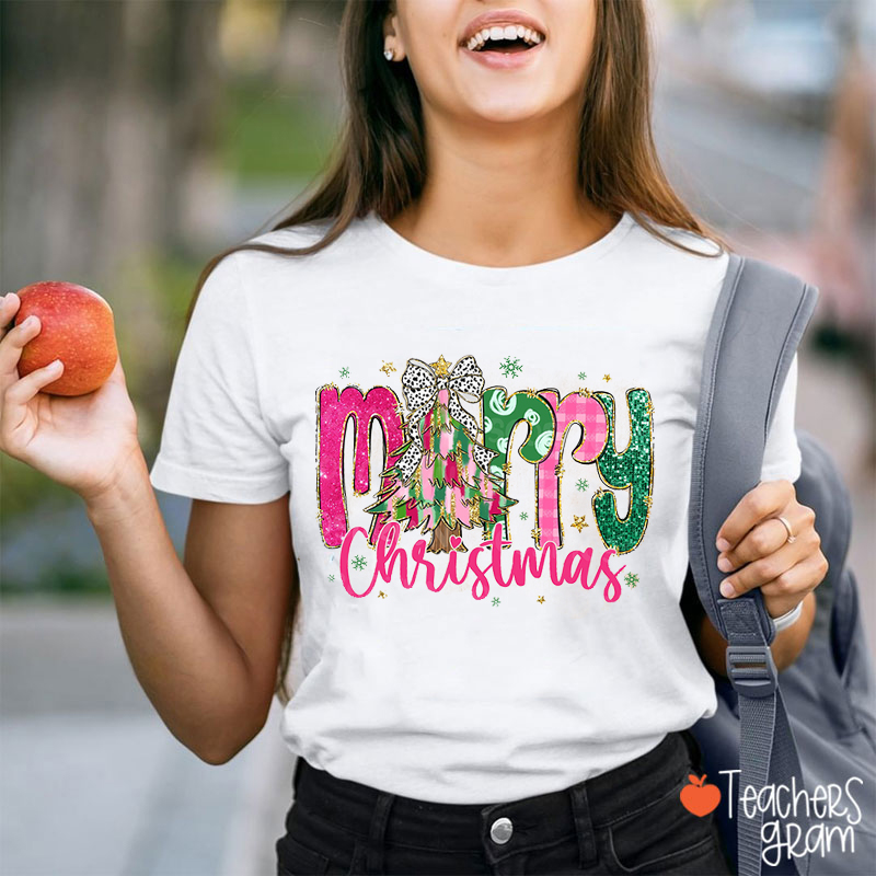 Merry Christmas Bow Christmas Tree Teacher T-Shirt