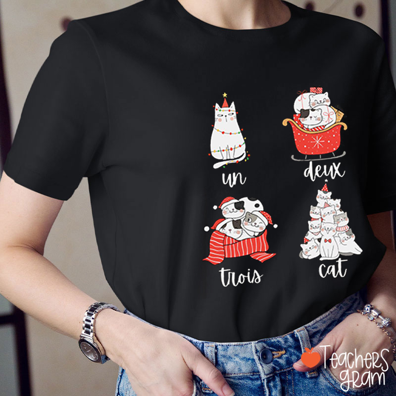 Un Deux Trois Cat Christmas French Teacher T-Shirt