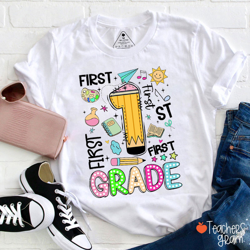 Personalized Grade Pencil Font Study Stuff Teacher T-Shirt