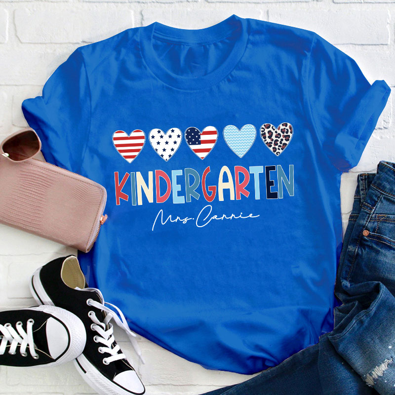 Personalized American Flag Hearts Teacher T-Shirt