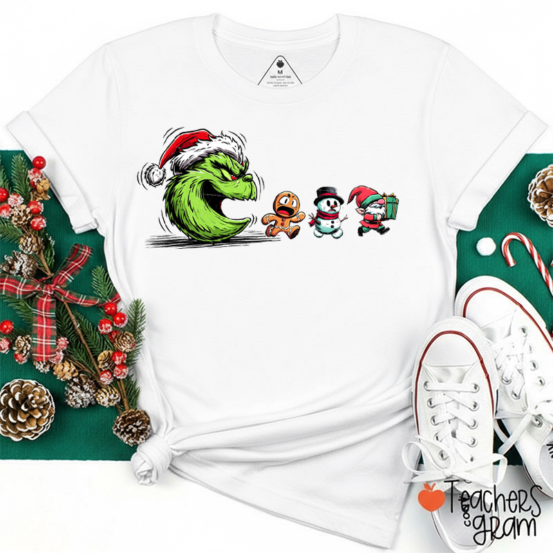 Green Guy Chasing Santa Teacher T-Shirt