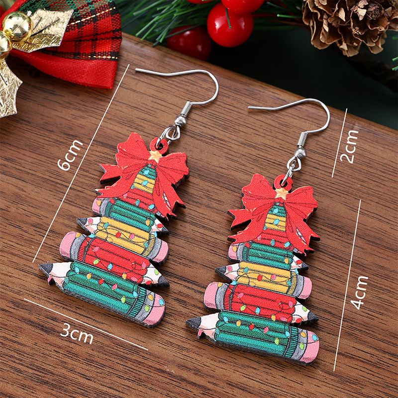 Bow Pencil Christmas Tree Teacher Wooden Earrings