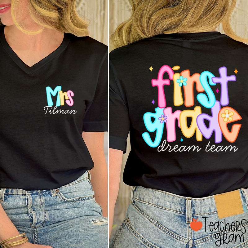 Personalized Grade And Name Candy Color Fonts Teacher Female V-Neck Two Sided T-Shirt