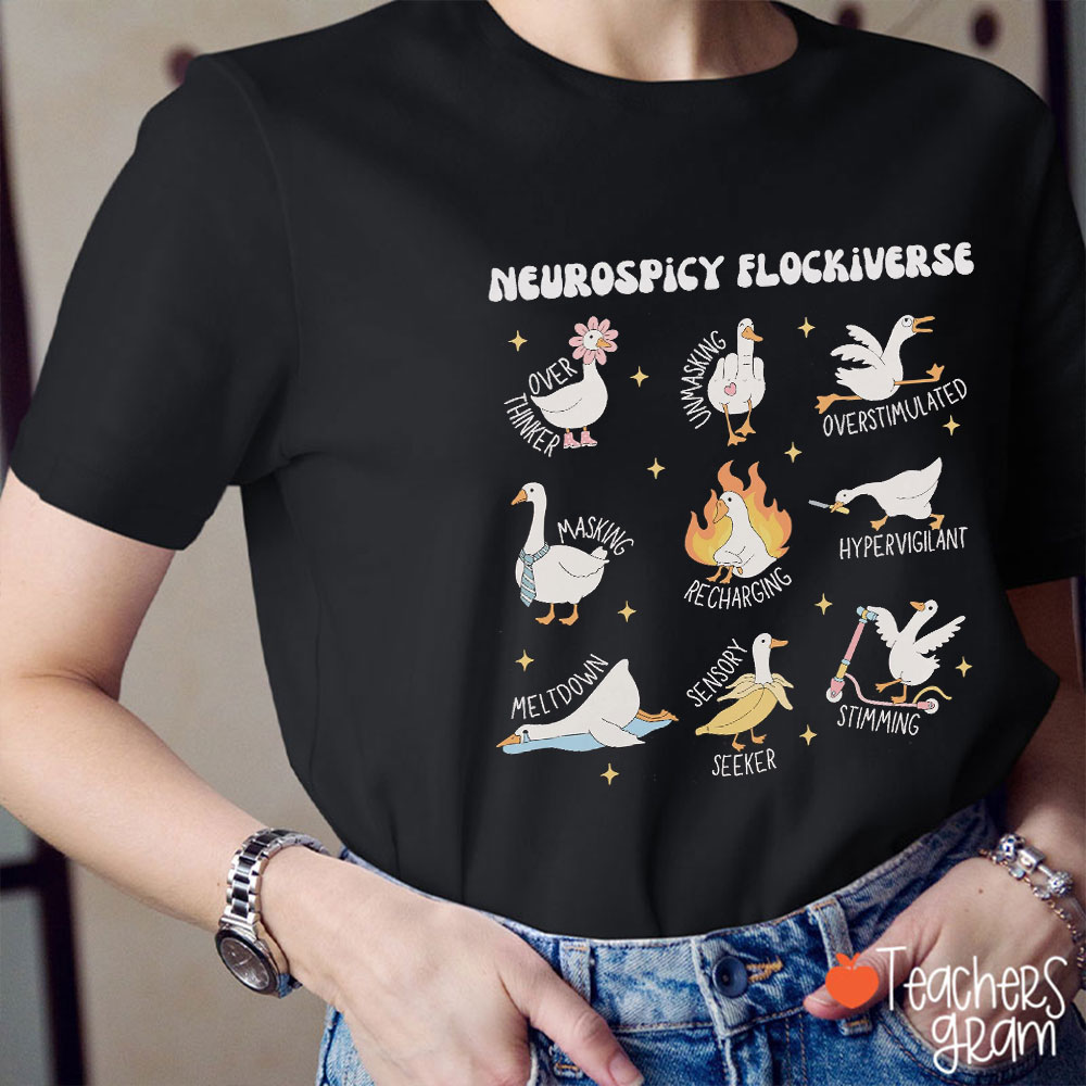 Cute Geese Neurospicy Flockiverse Teacher T-Shirt