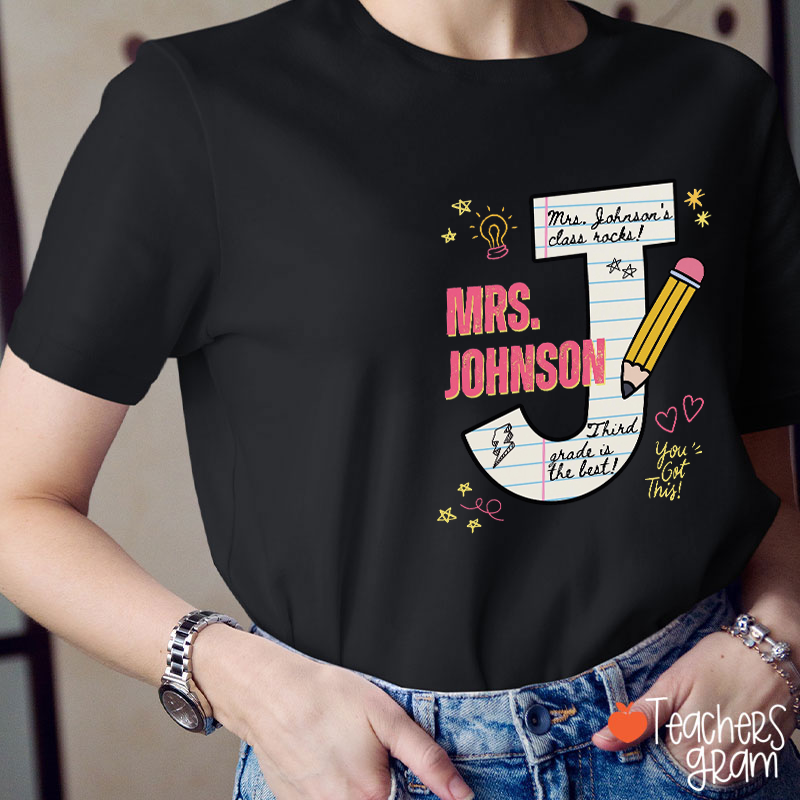 Personalized Grade Name Pencil Notebook Star Heart Teacher T-Shirt