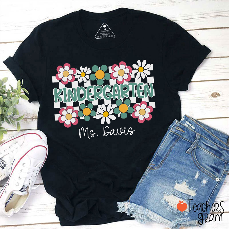 Personalized Grade And Name Checkered Flowers Teacher T-Shirt