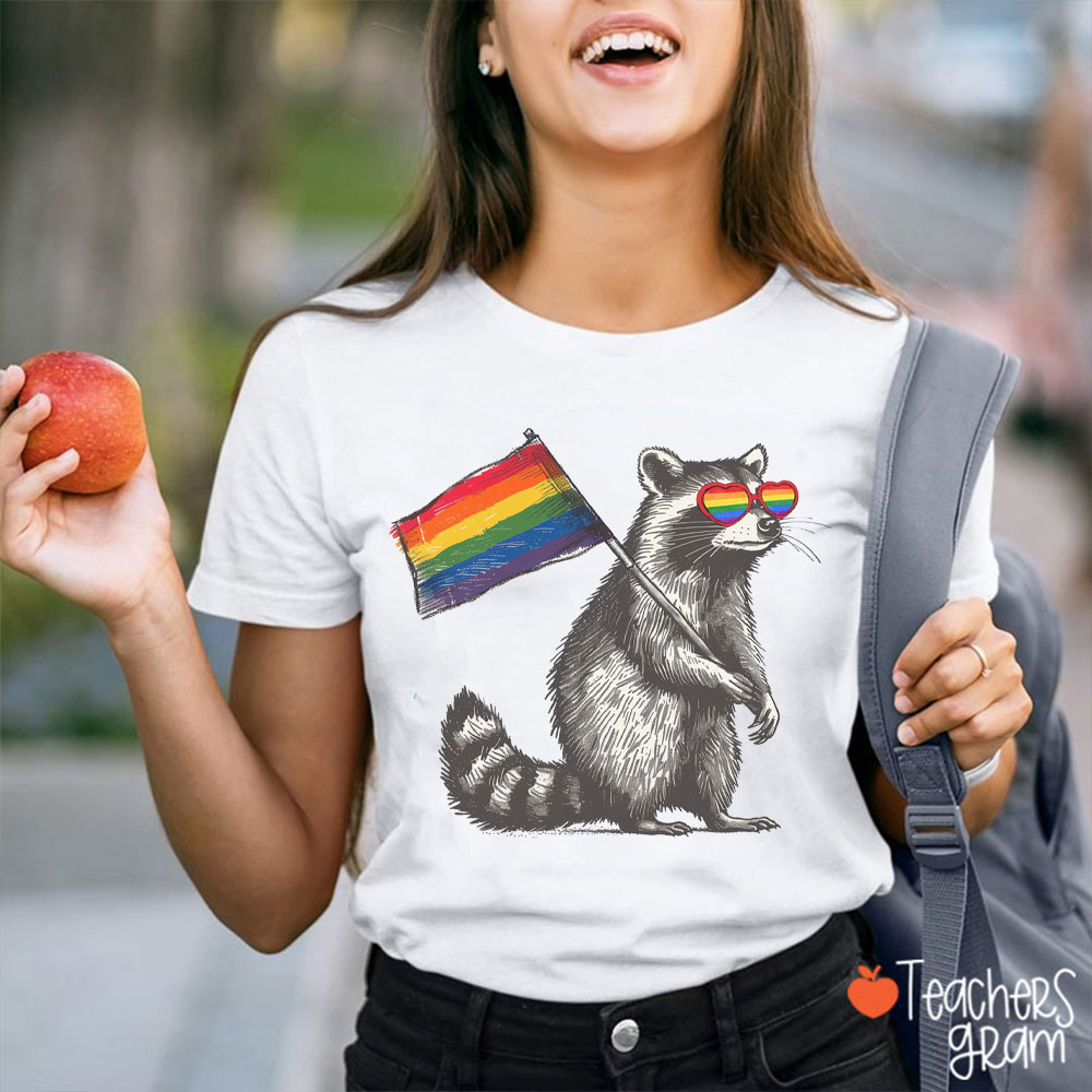 Funny Raccoon Rainbow Flag Pride Teacher T-Shirt