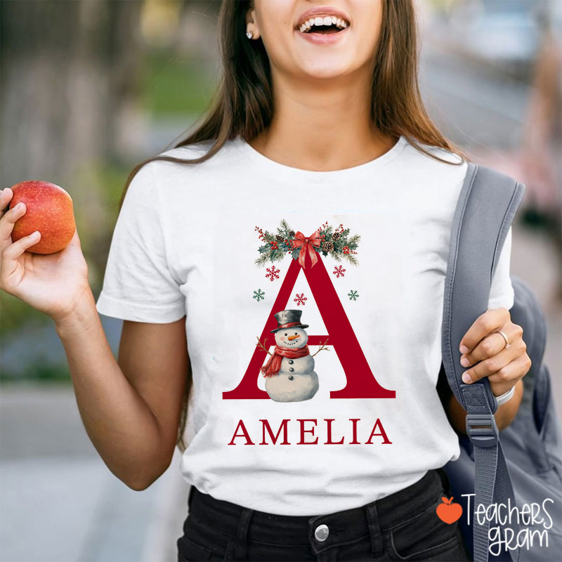 Personalized Name Snowman Santa Claus Merry Christmas Teacher T-Shirt