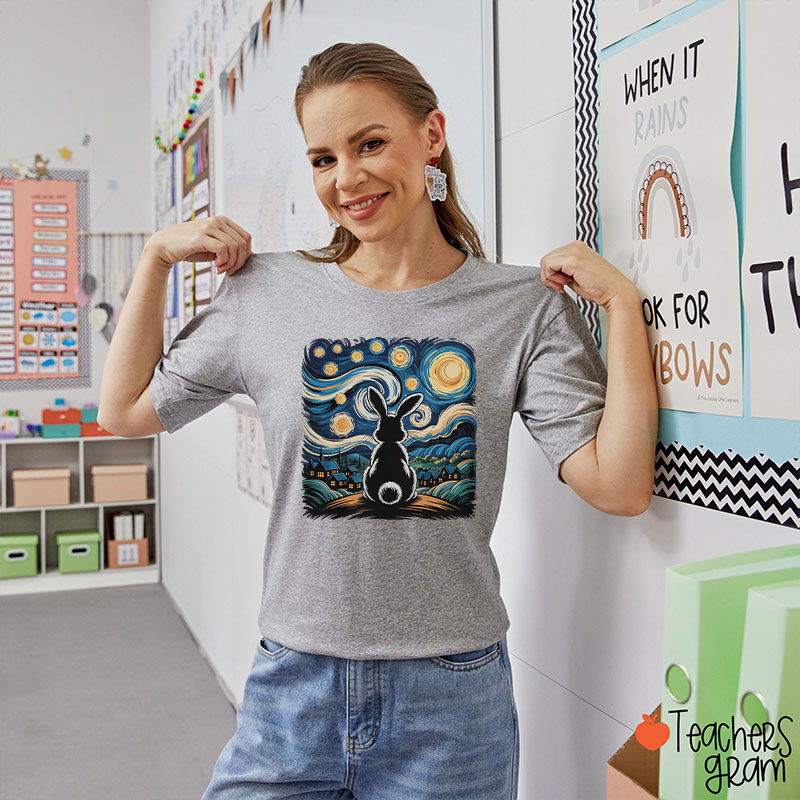 Starry Night Van Gogh Rabbit Teacher T-Shirt