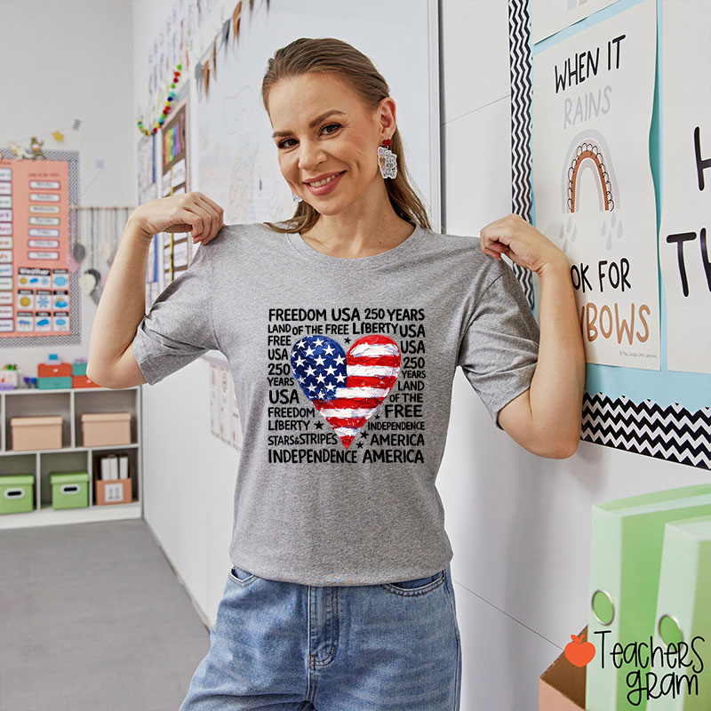 Heart Shaped American Flag Teacher T-Shirt