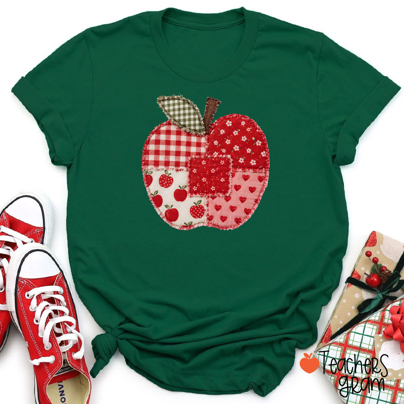 Vintage Patchwork Apple Gingham Floral Heart Teacher Graphic Teacher T-Shirt