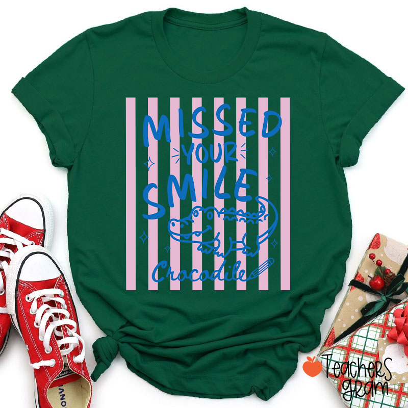 Personalized Missed Your Smile Crocodile Pink Stripe Teacher T-Shirt