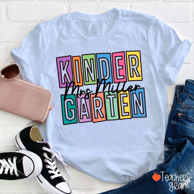 Personalized Name And Grade Colorful Block Letter Cursive Script Teacher T-Shirt