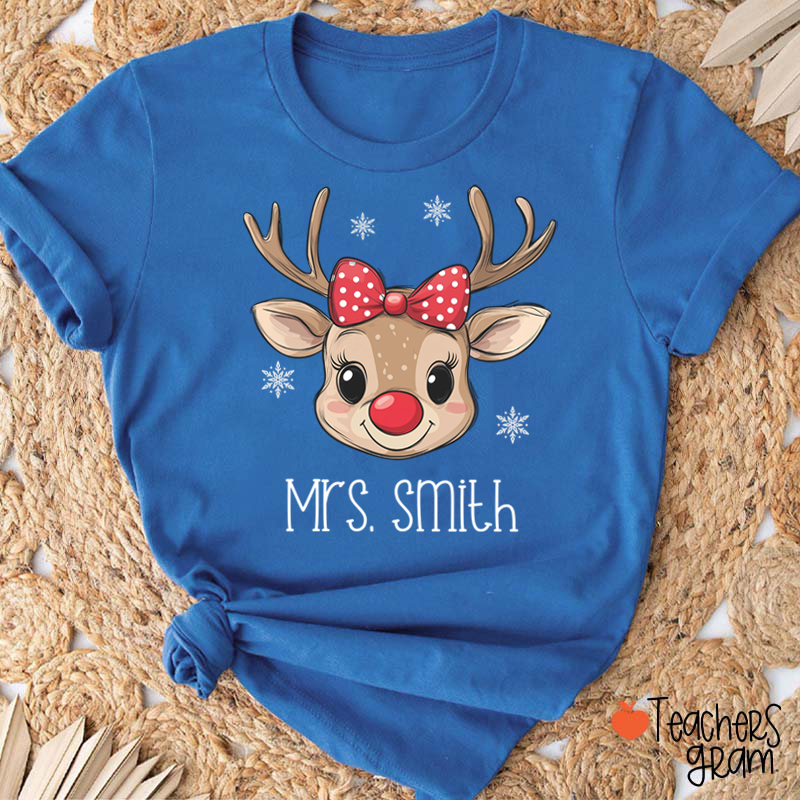 Personalized Name Cute Bow Reindeer Teacher T-Shirt
