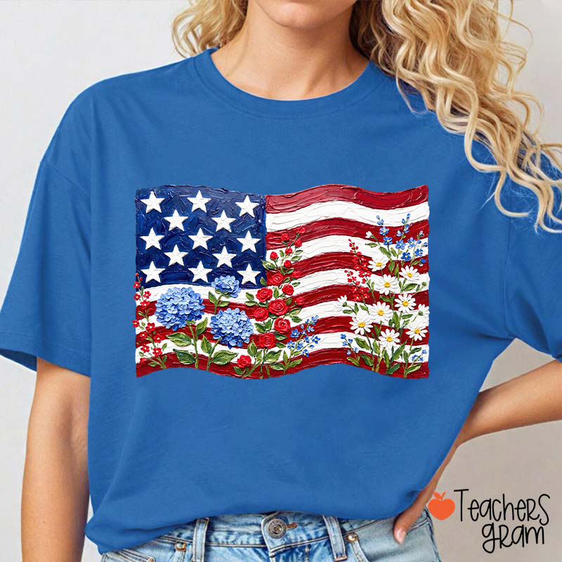 Floral American Flag Teacher T-Shirt