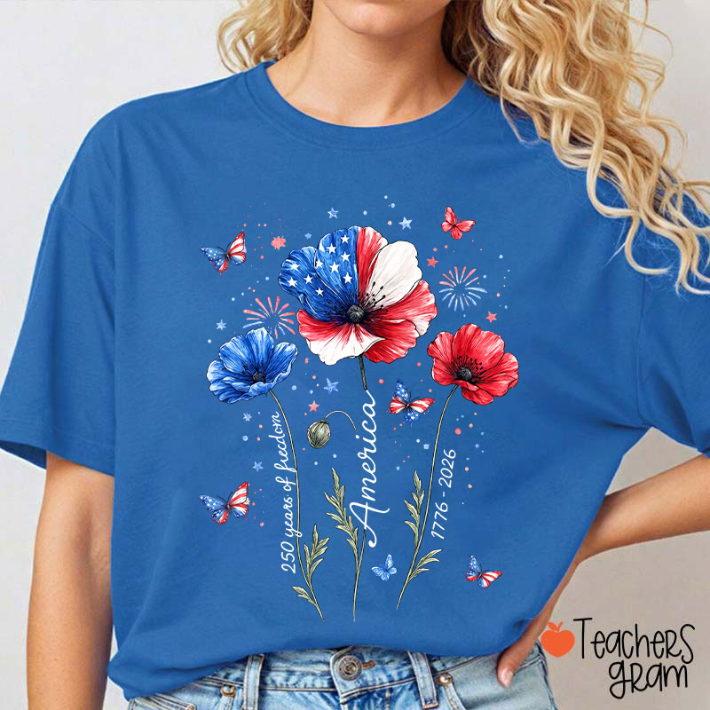 4th Of July 250 Years Of Freedom Floral Teacher T-Shirt