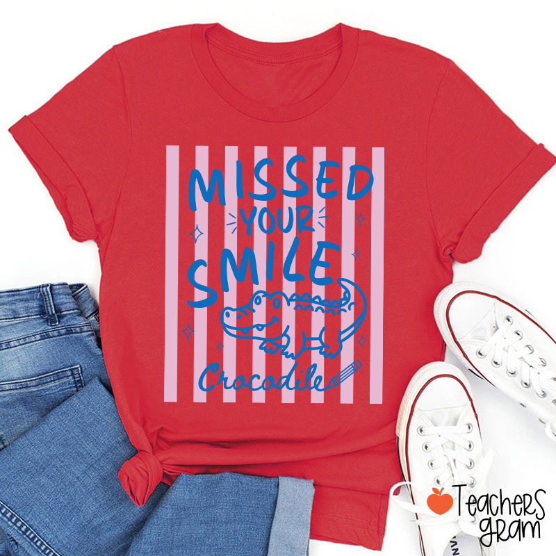 Personalized Missed Your Smile Crocodile Pink Stripe Teacher T-Shirt