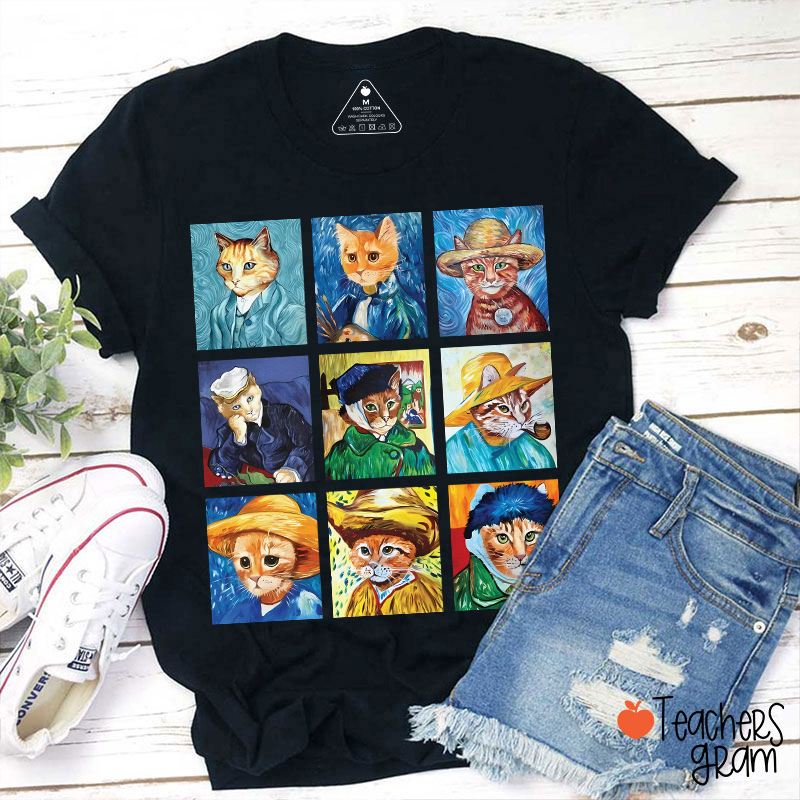 Funny Cats Painting Van Gogh Art Lover Teacher T-Shirt