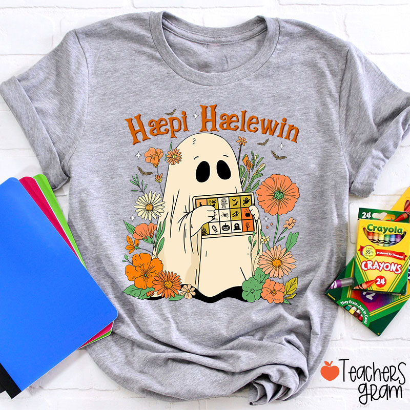 Happy Halloween Ghost With Floral Teacher T-Shirt