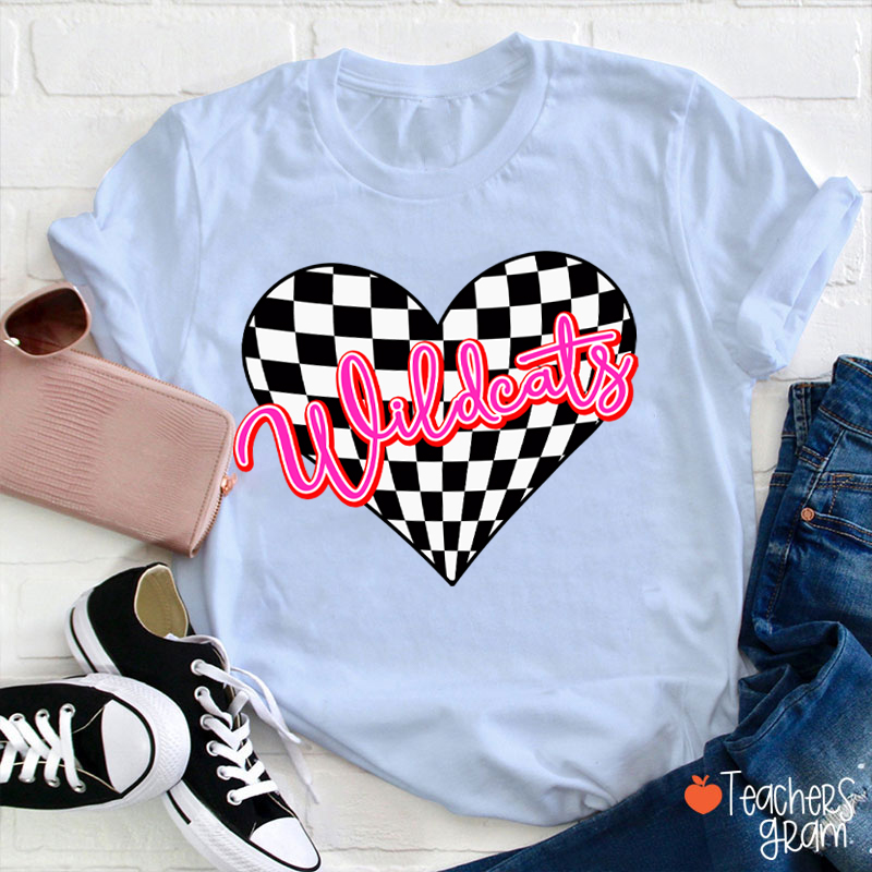Personalized Mascot Checkerboard Love Heart Teacher T-Shirt