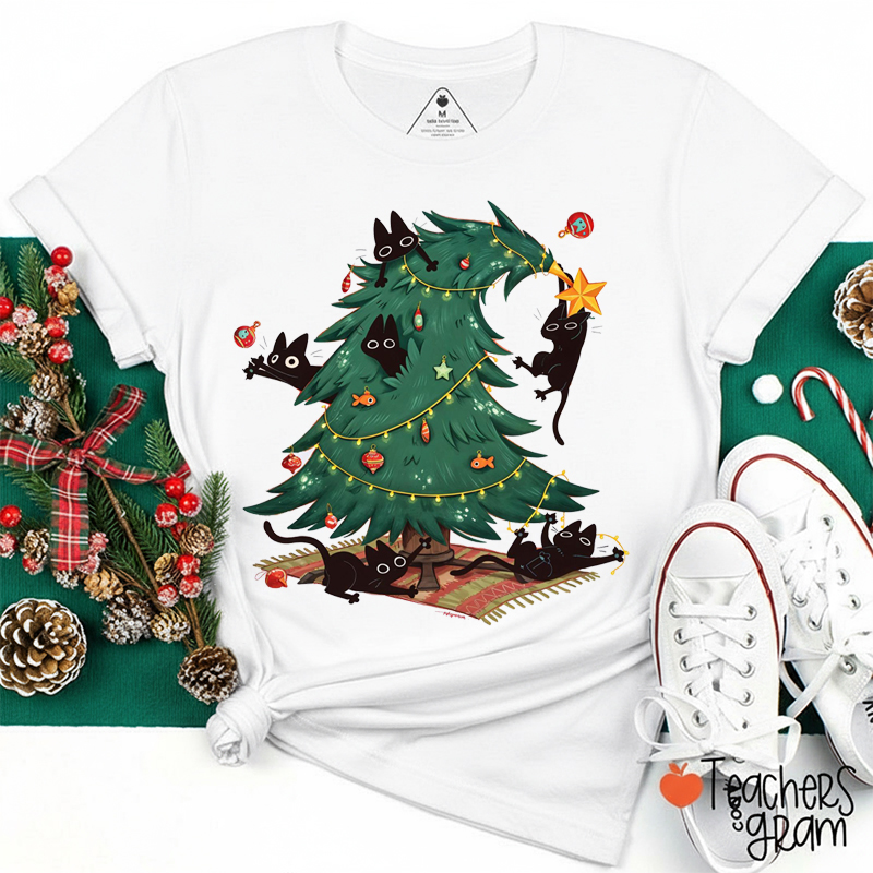 Comfort Colors Christmas Tree And Cat Teacher T-Shirt