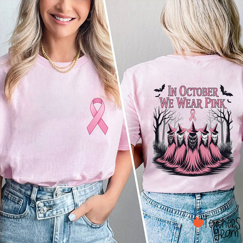Halloween Pink Witch Breast Cancer Awareness Teacher Two Sided T‑Shirt