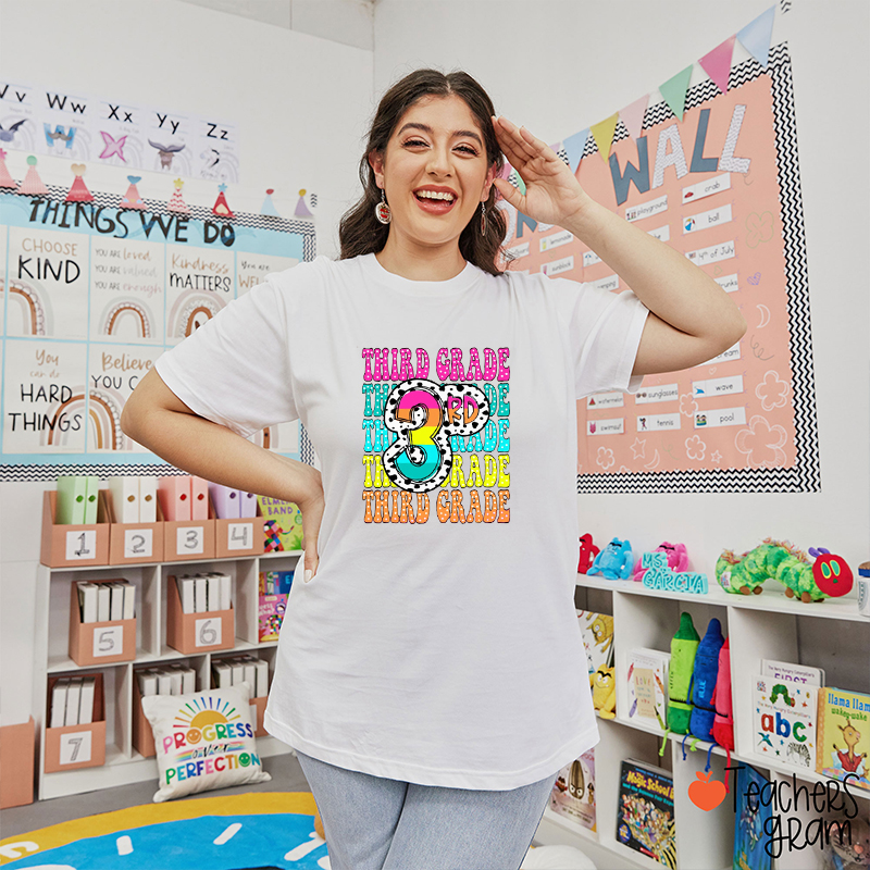 Personalized Grade Polka Dot Neon Font Teacher T-Shirt