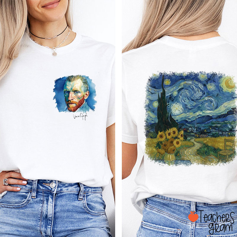 Starry Night Sunflowers Teacher Two Sided T-Shirt
