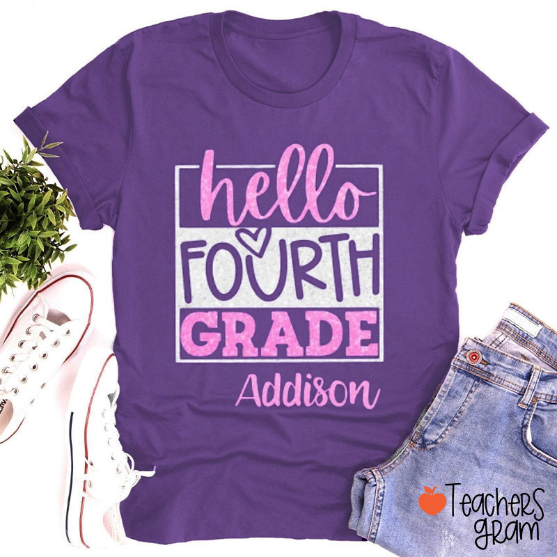 Personalized Grade Glitter Hello Bruh Teacher T-Shirt